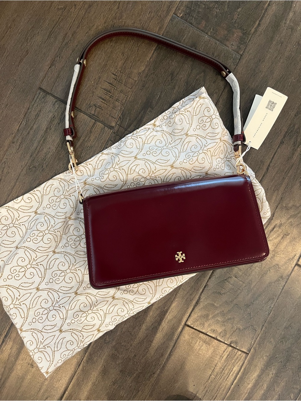 NWT Tory Burch Emerson Patent Convertible Leather Crossbody | Royal Burgundy - Picture 13 of 14